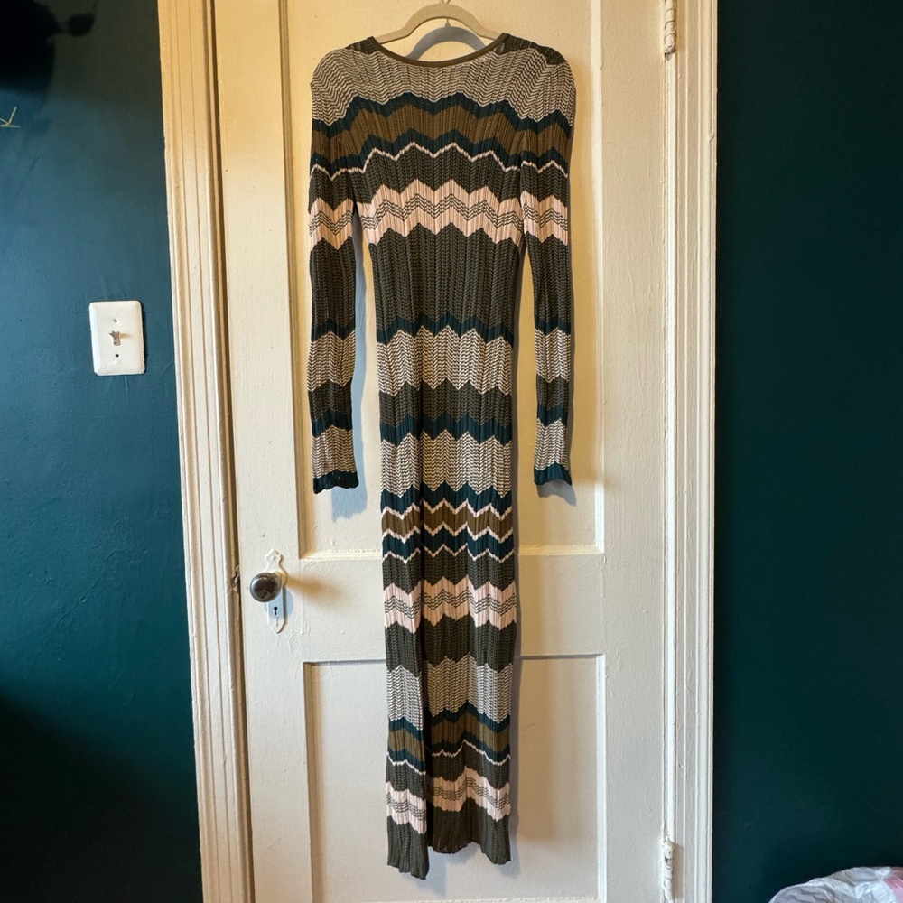 Torn by Ronny Kobo Chevron Knit Long Sleeve Maxi Dress in Olive & Teal